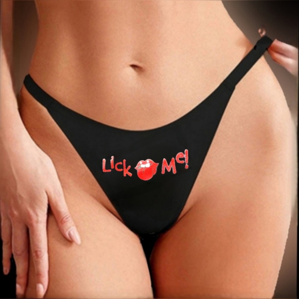 Vibes naughty adult lick me graphic sexy blk gold charm thong panty XL/12 NWT